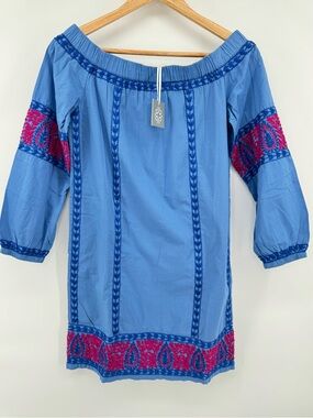Pomegranate Off the Shoulder embroidered Boho Dress 100%Cotton Women's Sz XS NWT